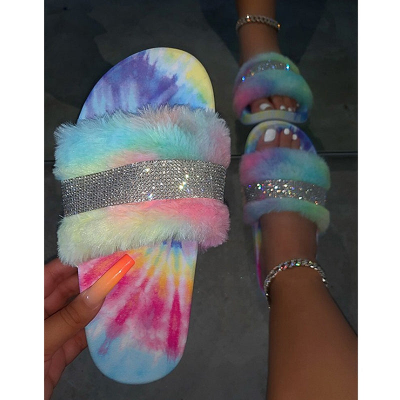 Rainbow Plush Glam Slides